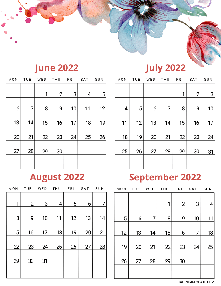 Cute 4-month calendar template with floral images in the top section. The months of June, July, August, and September are written in a brightly colored font.