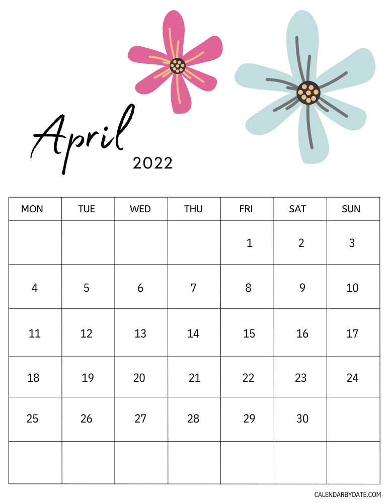 Colorful April 2022 month calendar with flower clip art at the top and calendar grid with dates at the bottom.