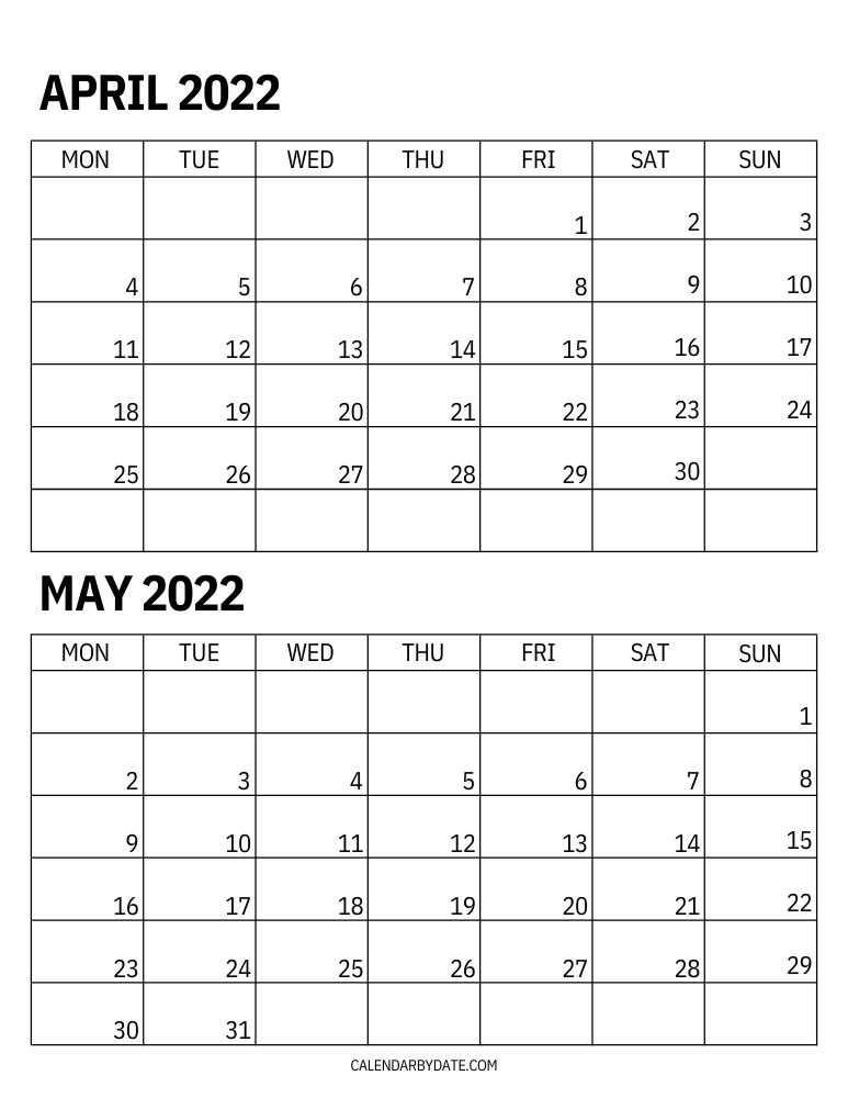 Two month April and May 2022 calendar on vertical page with month heading at the top and calendar grid at the bottom with month dates.