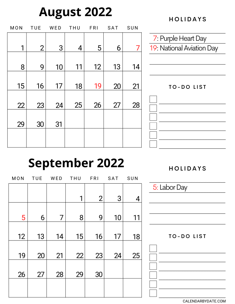 Two-month calendar for August and September 2022, containing a list of US holidays and observances. Tasks and activities can be written in the blank empty To-do list area.