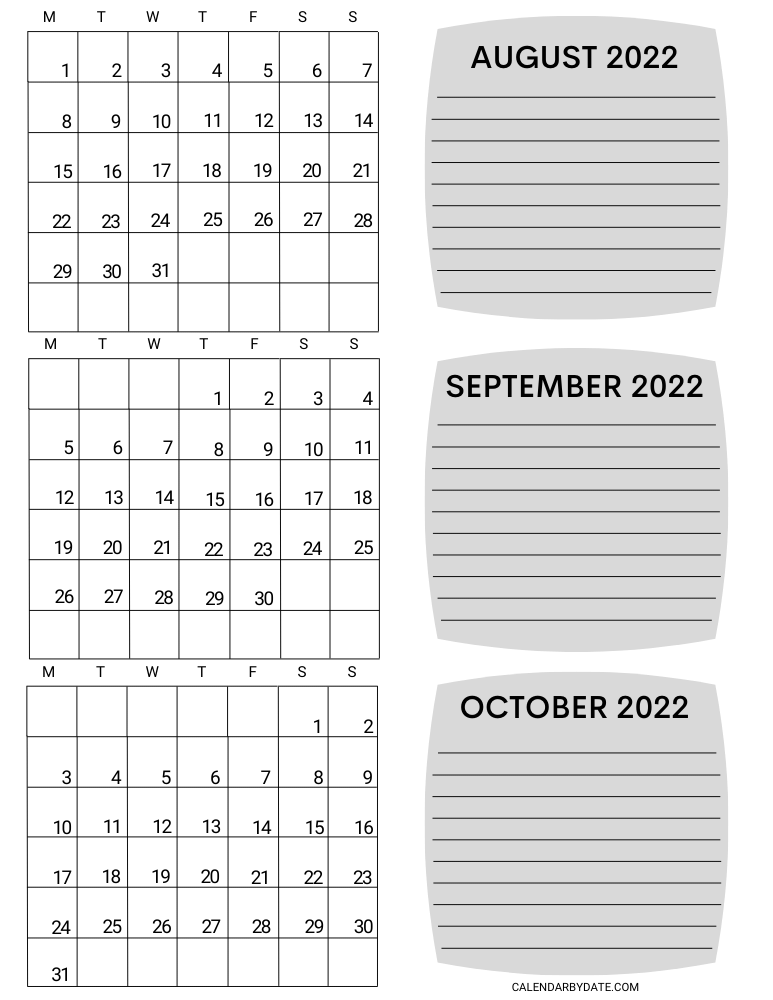 Three month August September and October 2022 calendar template with blank notes section where important days, dates, schedules and appointments can be written.