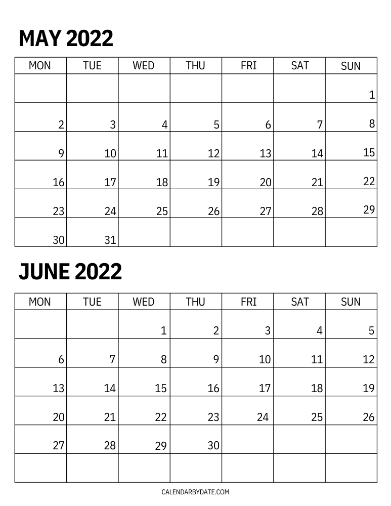 Portrait layout two month May and June 2022 calendar on one page with the week start from Monday.