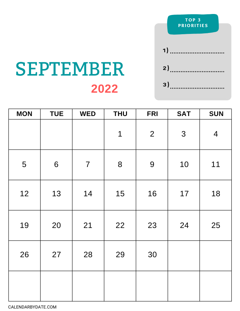 September 2022 calendar template with bold calendar dates and a colorful month name. At the top of the page, there is a blank notes section where you can write your month's priorities.