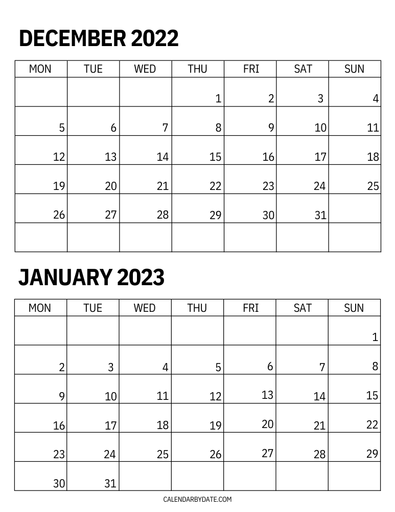 December 2022 and January 2023 two-month calendar template in vertical layout on one page with week start from Monday and grid contains the bold month dates.