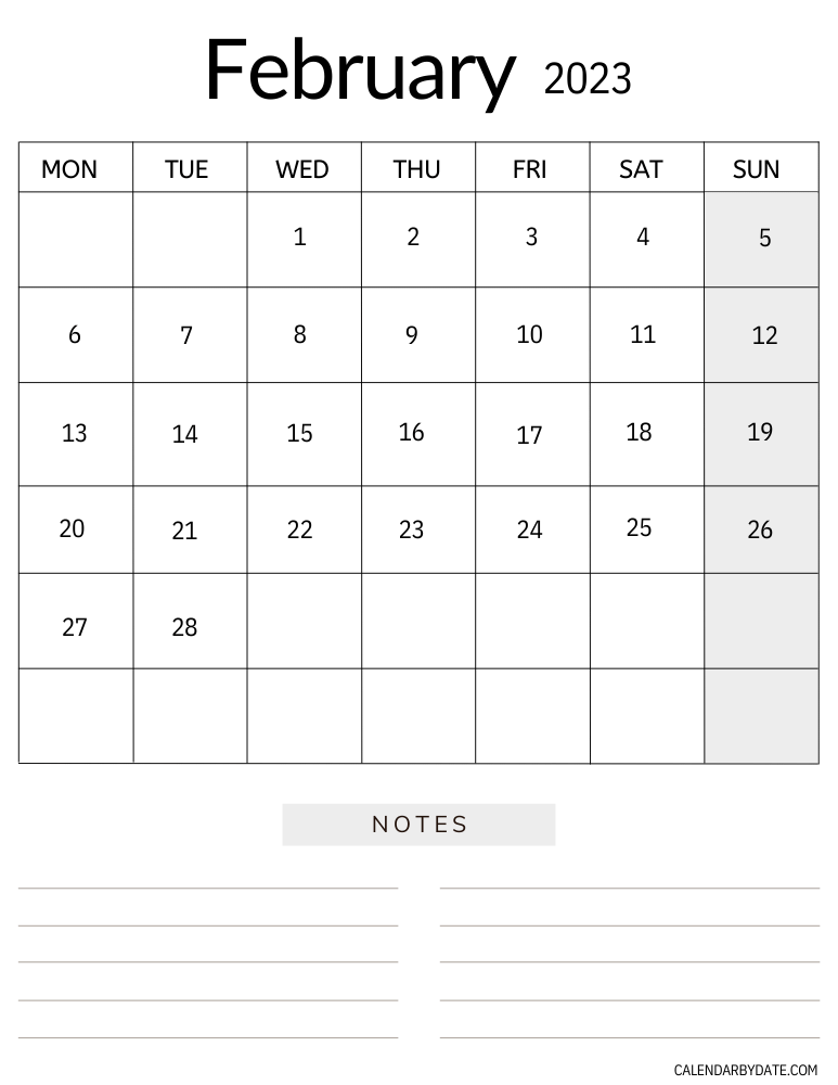Monthly February 2023 calendar template with blank notes section provided at the bottom of the grid to write the notes, events, schedules and important tasks.