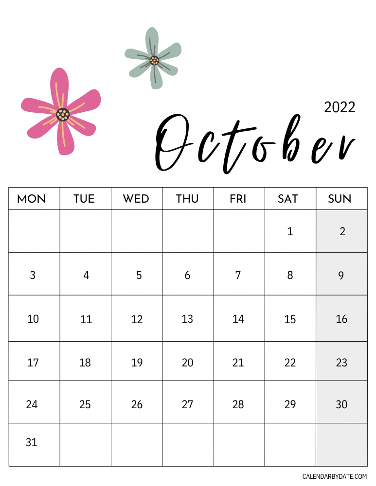 Cute October 2022 printable calendar with flowery graphics at the top to give the template a floral, vibrant touch.