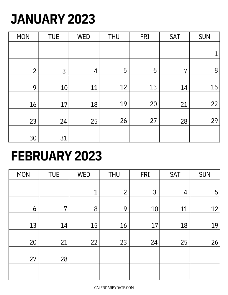 Template for the months of January and February 2023, with weekdays starting from Monday. The template is designed in a portrait format with bold monthly dates written on the grid.
