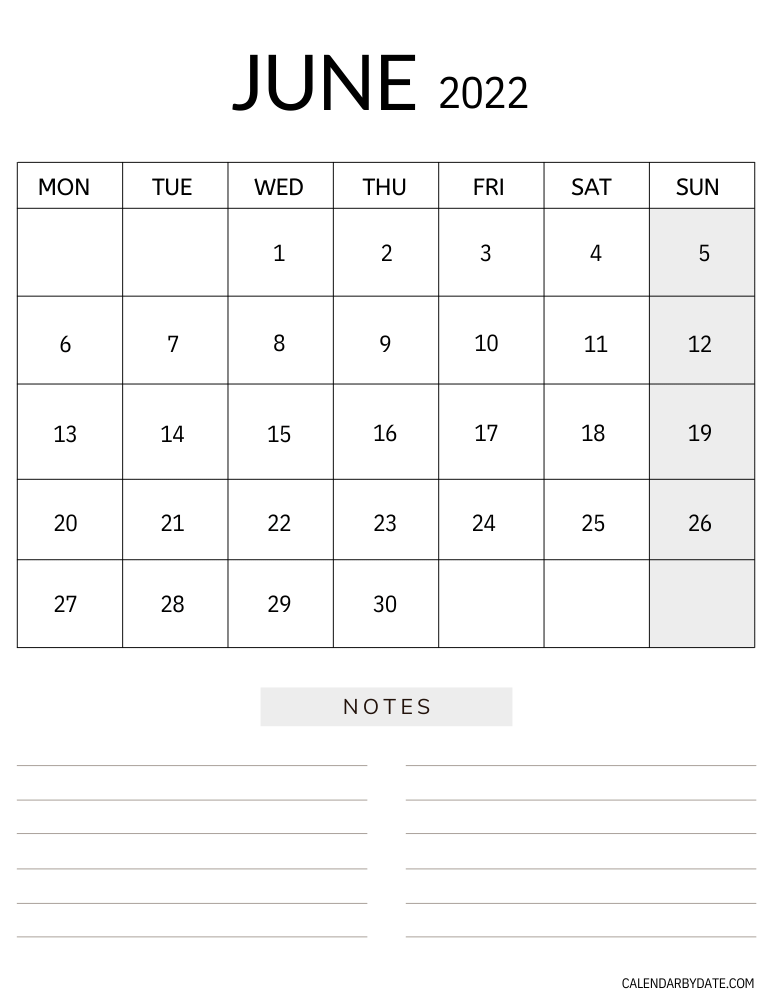 June 2022 notes calendar in vertical layout on one page. Calendar dates are written in grid and blank notes section is at the bottom to write notes.