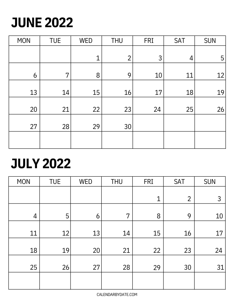 In a 2-month calendar grid, the dates of June and July 2022 months are represented in a portrait Monday start one page calendar.
