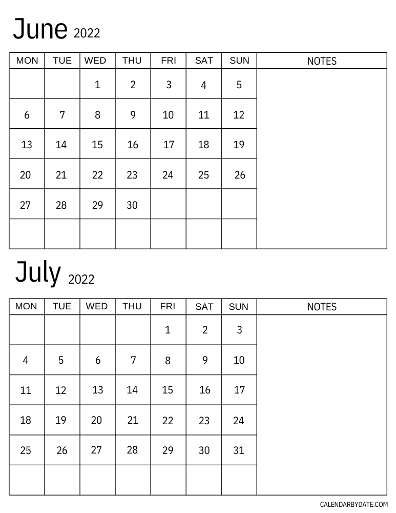On one page, there is a two-month calendar grid for June and July 2022 month. Each month has a vacant notes space on the right side where you can enter tasks, schedules, and to-do lists.