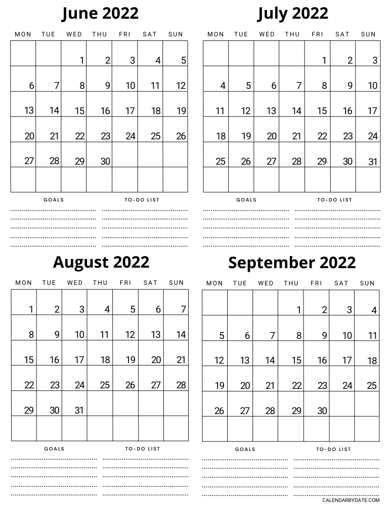 Four month calendar template for June, July, August and September 2022 with blank goals and to do list section for writing tasks and important events.