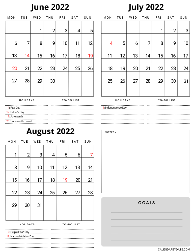 Three-month calendar of June to August 2022 with US holidays list, notes, to-do list, and goals section to write monthly chores.