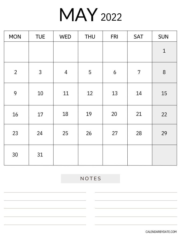 May 2022 calendar with month name and year at the top. Month dates and week days are written in grid. At the bottom blank notes section is provided.