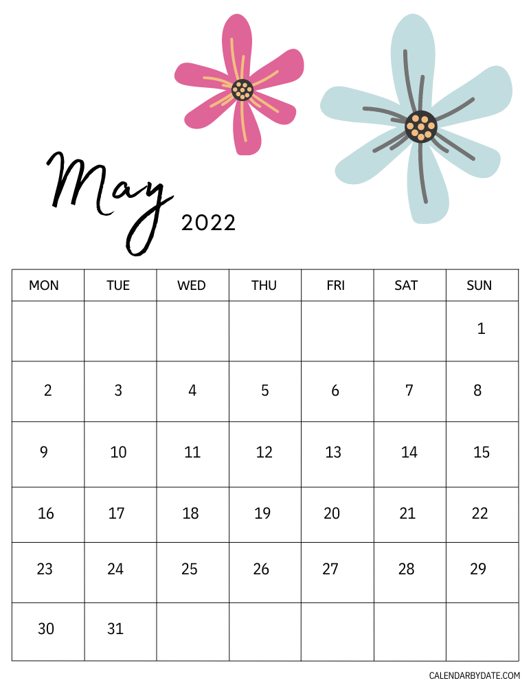 Colorful may 2022 month calendar with flower clip art at the top and cute calendar grid at the bottom which represents the days and date.