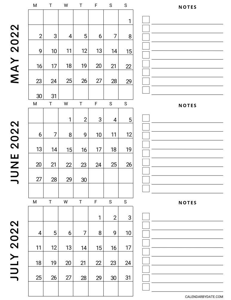 Monday start three-month May June July 2022 calendar template with special notes section with checklist boxes to write the tasks, events and important schedules.