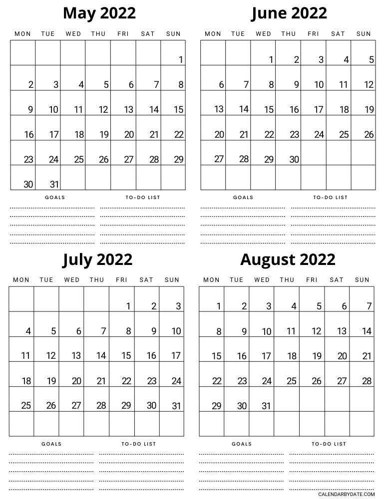 Four-month calendar template for May, June, July and August 2022, with a blank section at the bottom for monthly goals and to-do lists.