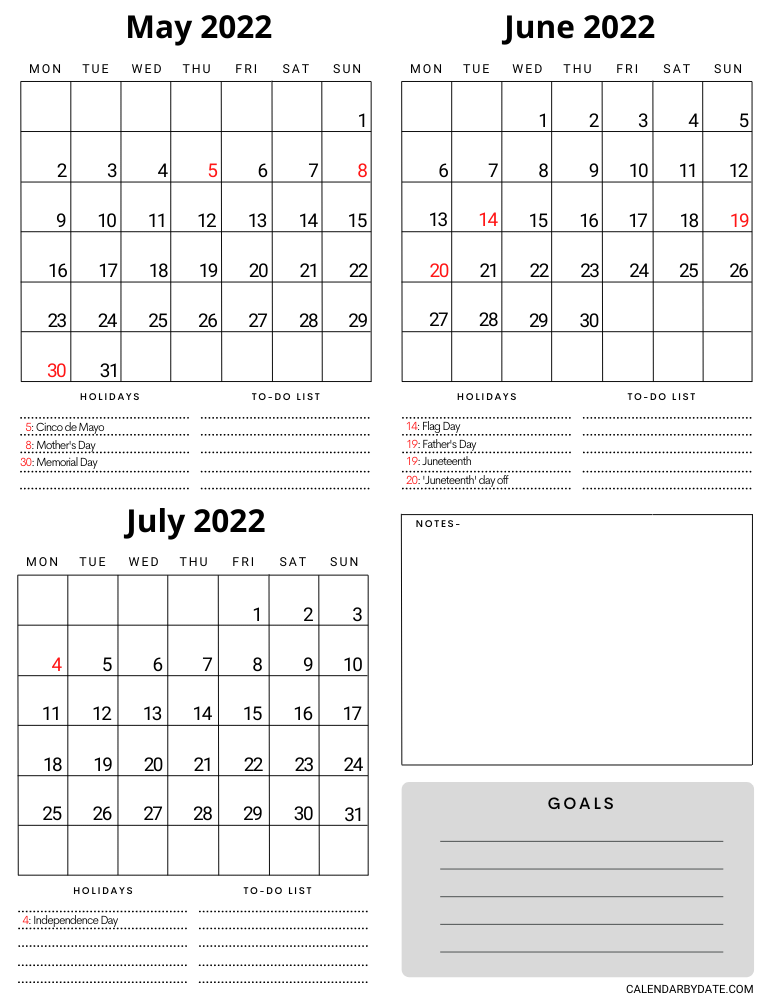 May June July 2022 calendar template with the list of monthly US holidays, notes sections, to-do lists and goals section to write down important stuff.