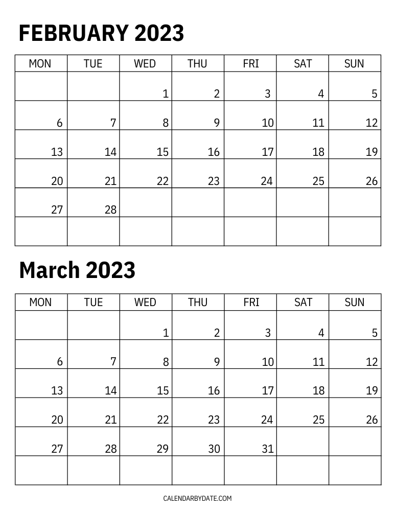 Printable February March 2023 Calendar template in vertical layout on one single page. Both the calendars on this template are Monday start.