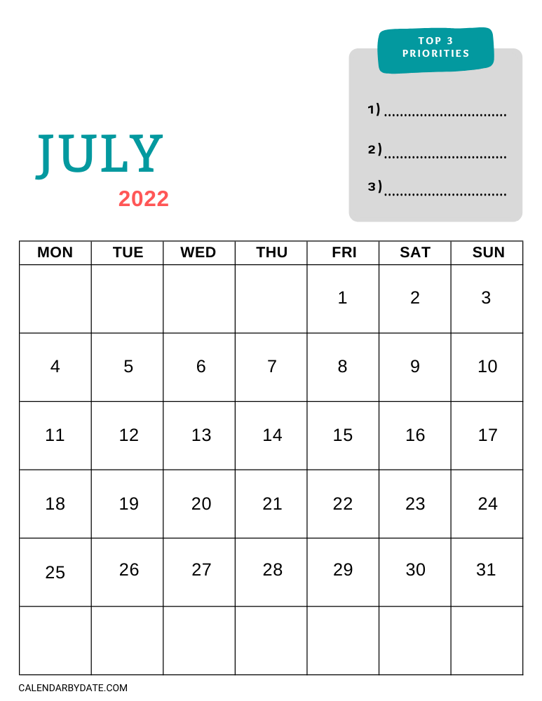 Monthly calendar template for July 2022 with colorful headings and week days starting from Monday. A special blank priority section is meant for writing down the month's most important chores and events.