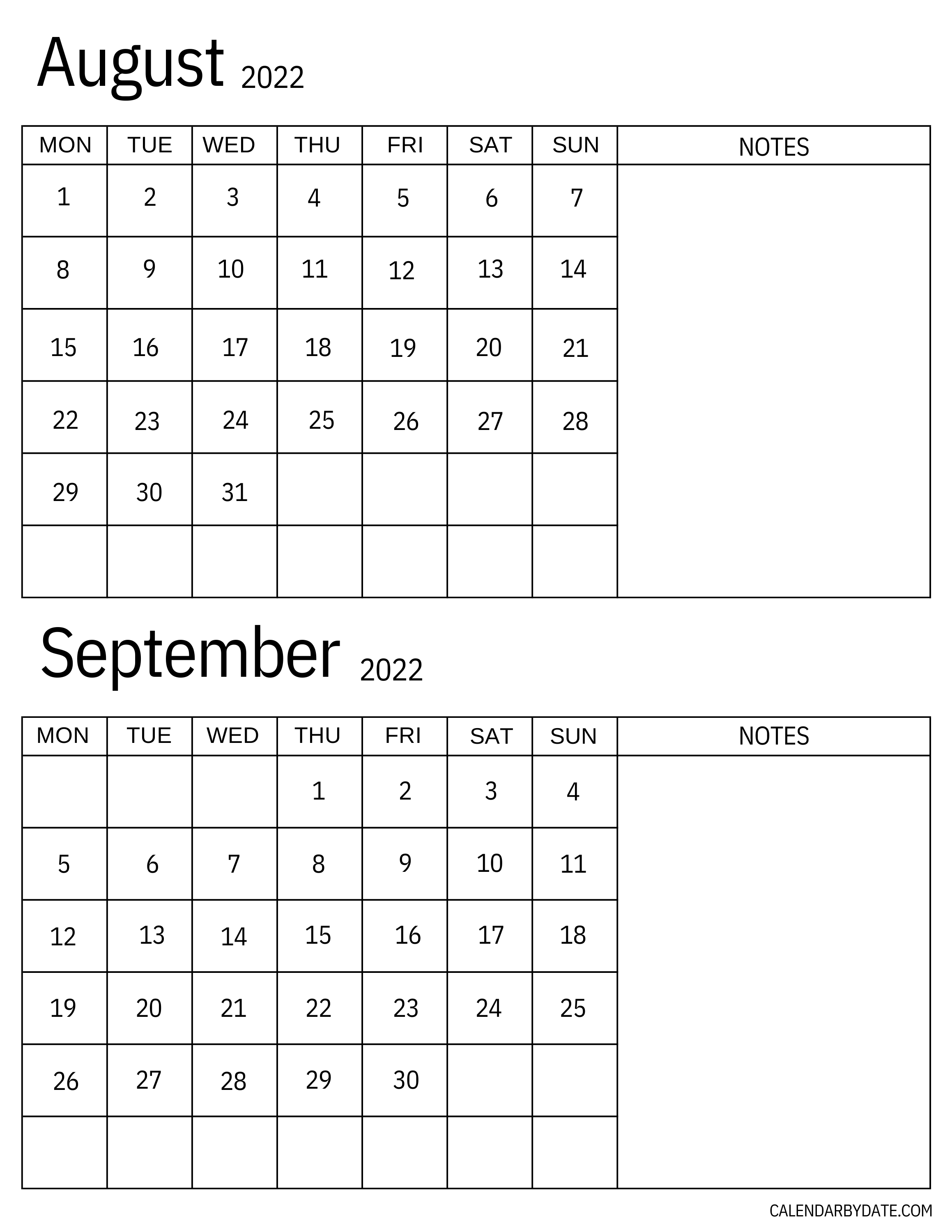 Two-month calendars August and September 2022 featuring blank notes sections for chores, activities, to-do lists, goals and schedules in each month.