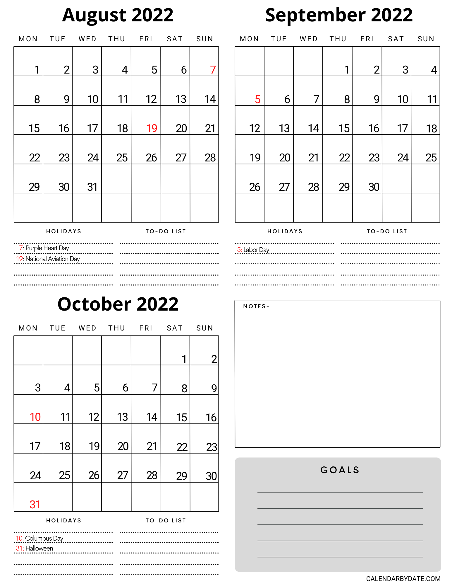 Three month August September October 2022 Calendar with blank space to write down the monthly goals, notes, to-do list. US Holidays and observances list is also provided with calendar.