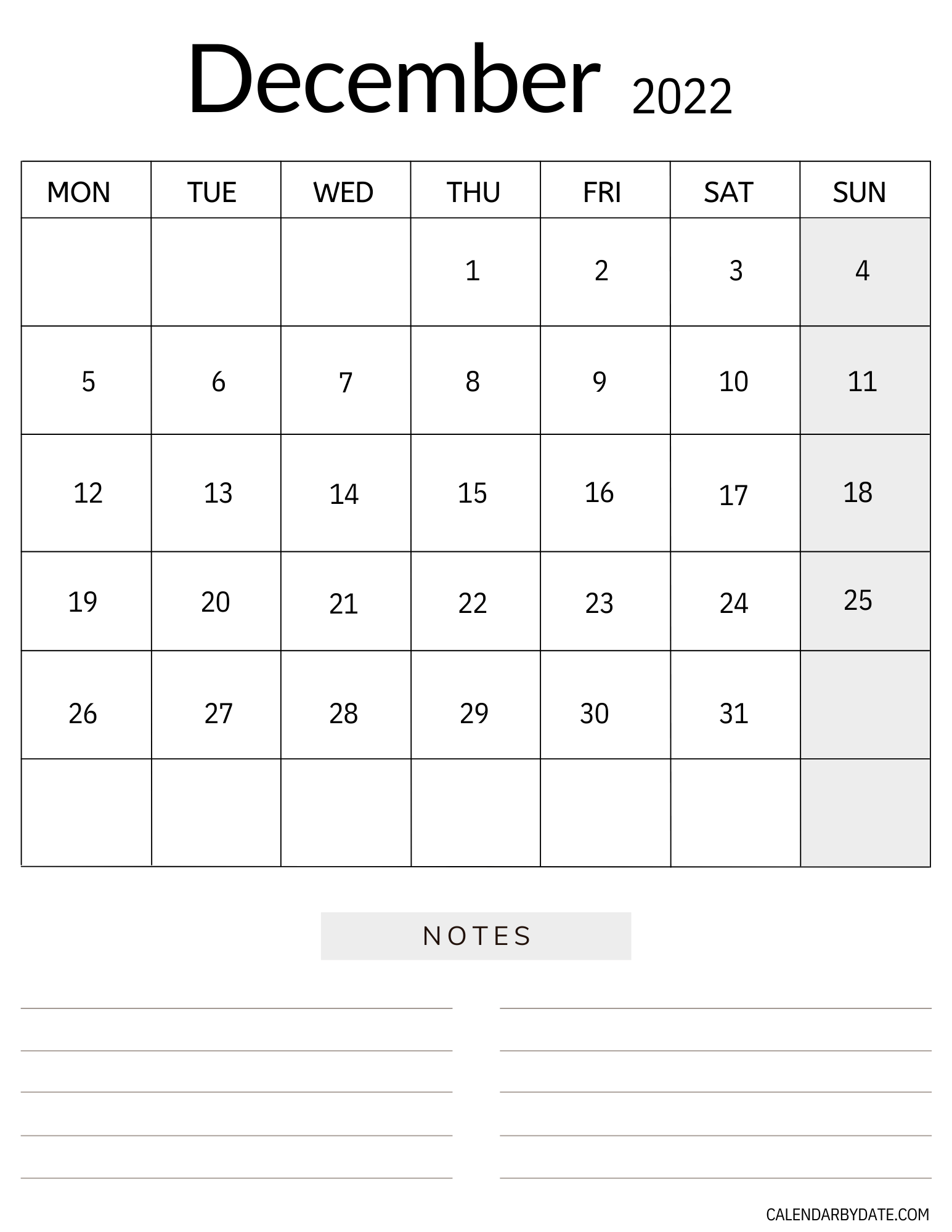 December 2022 monthly calendar with month name and year at the top with calendar grid with month dates. At the bottom space is provided to write notes and tasks.