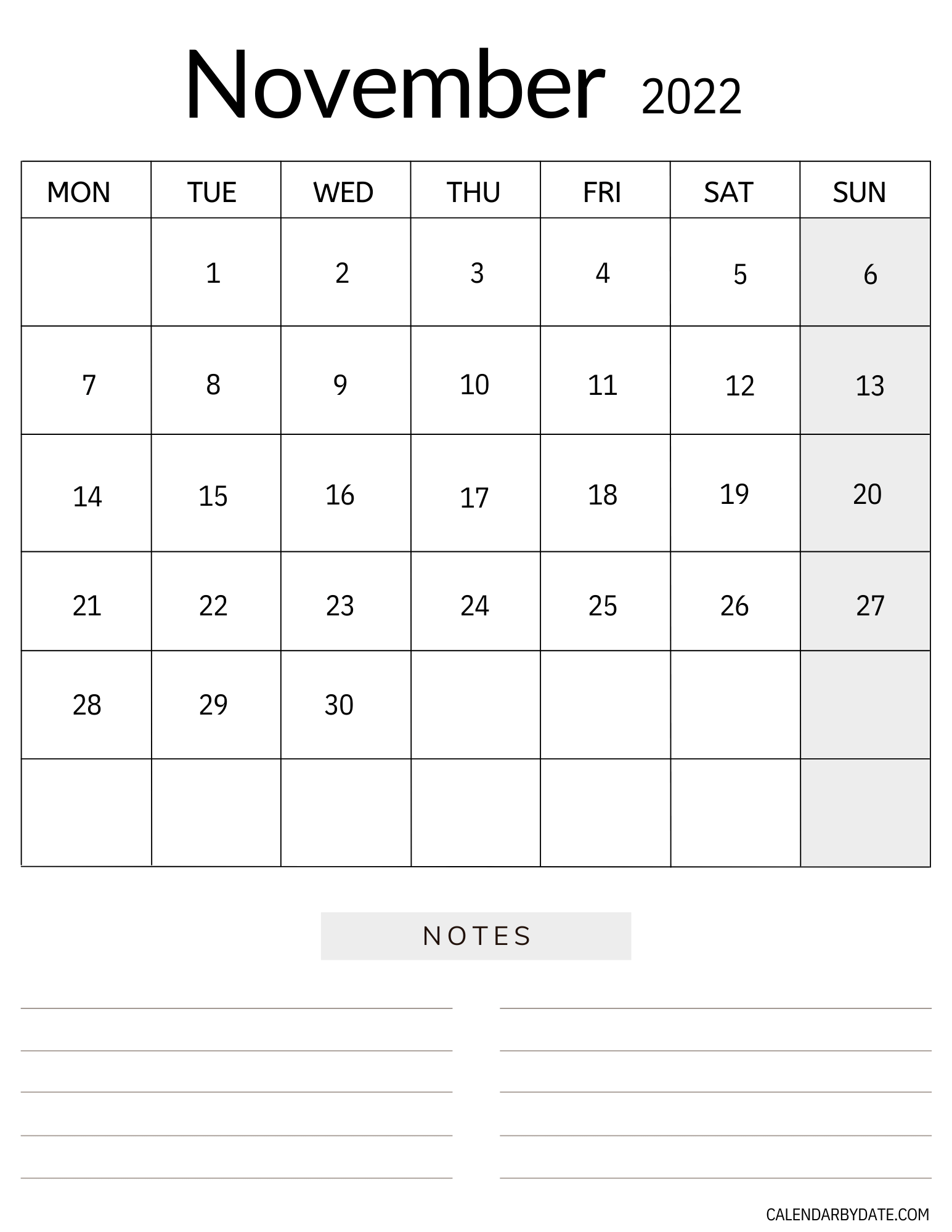Monthly November 2022 calendar with month name at the top. Template has calendar grid with bold month dates. At the bottom section space is provided to write notes, events and tasks.