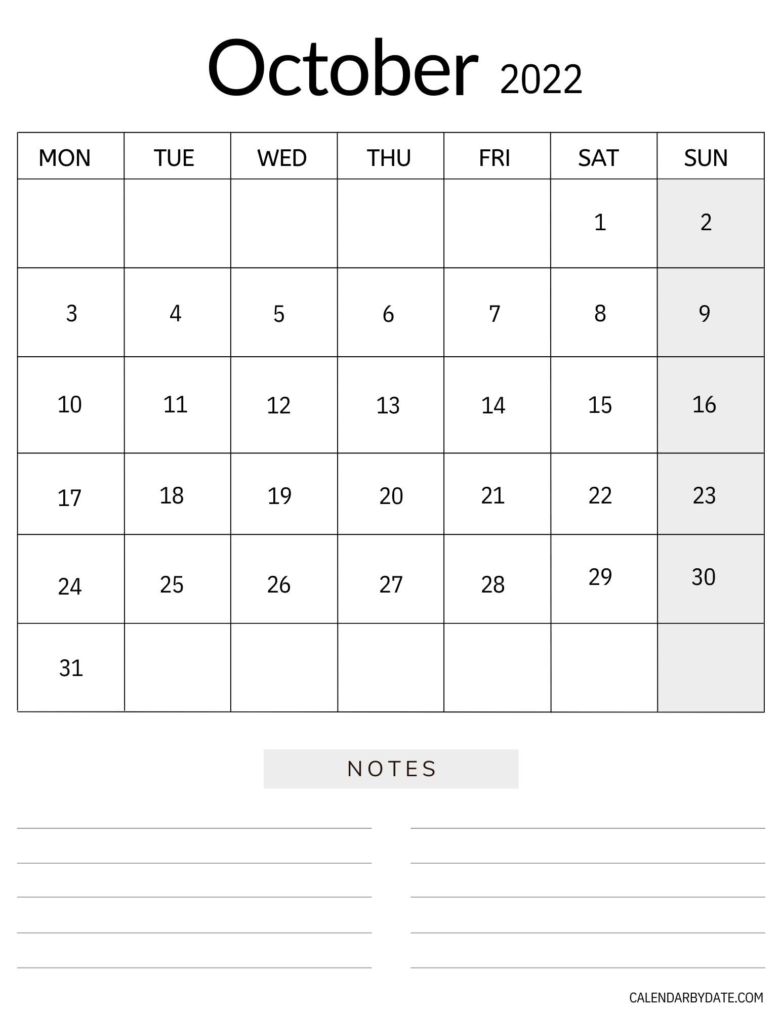 Monthly October 2022 calendar in Portrait layout with separate notes section at the bottom.