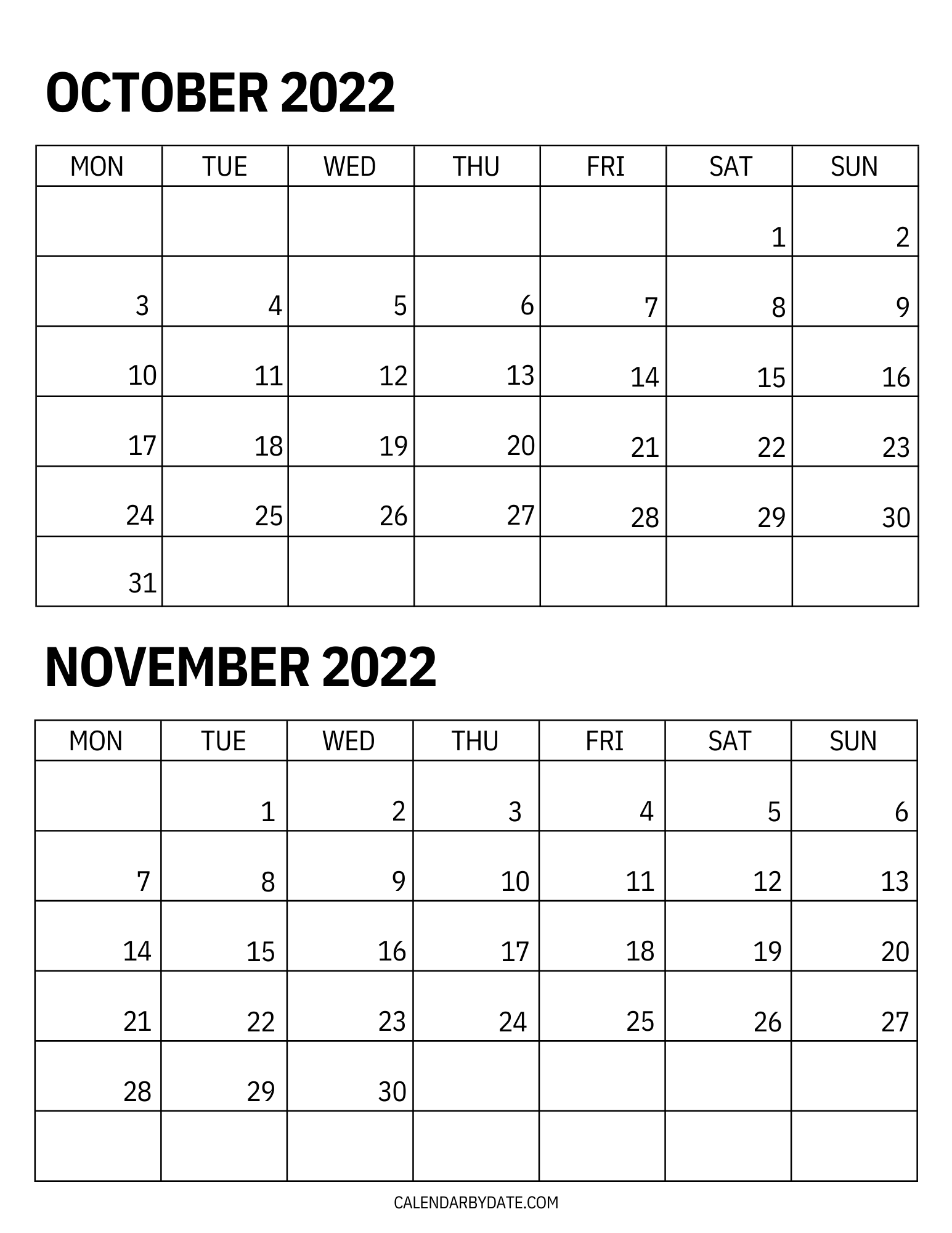 Calendar template for the months of October and November 2022 in a vertical layout on one page. Month dates are written in the calendar grid.