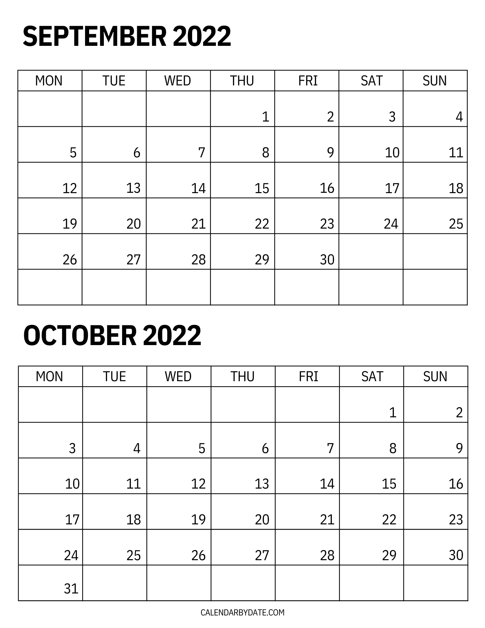 Two-month calendar for September and October 2022, with weekdays starting from Monday. The calendar is designed in a portrait format with bold monthly dates written in a grid.
