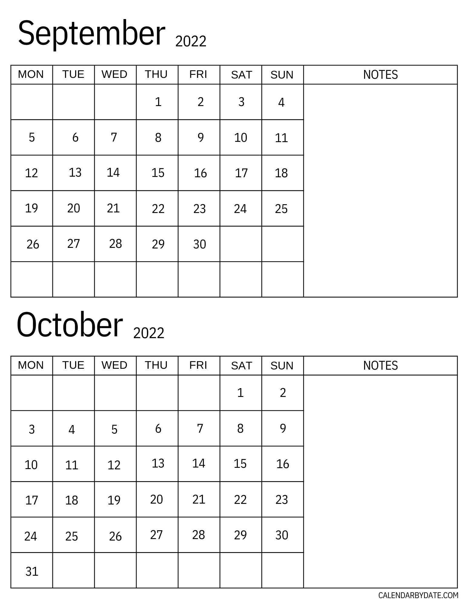 September and October 2022 notes calendar with separate sections for writing notes, to-do lists, tasks and schedules in a portrait layout.