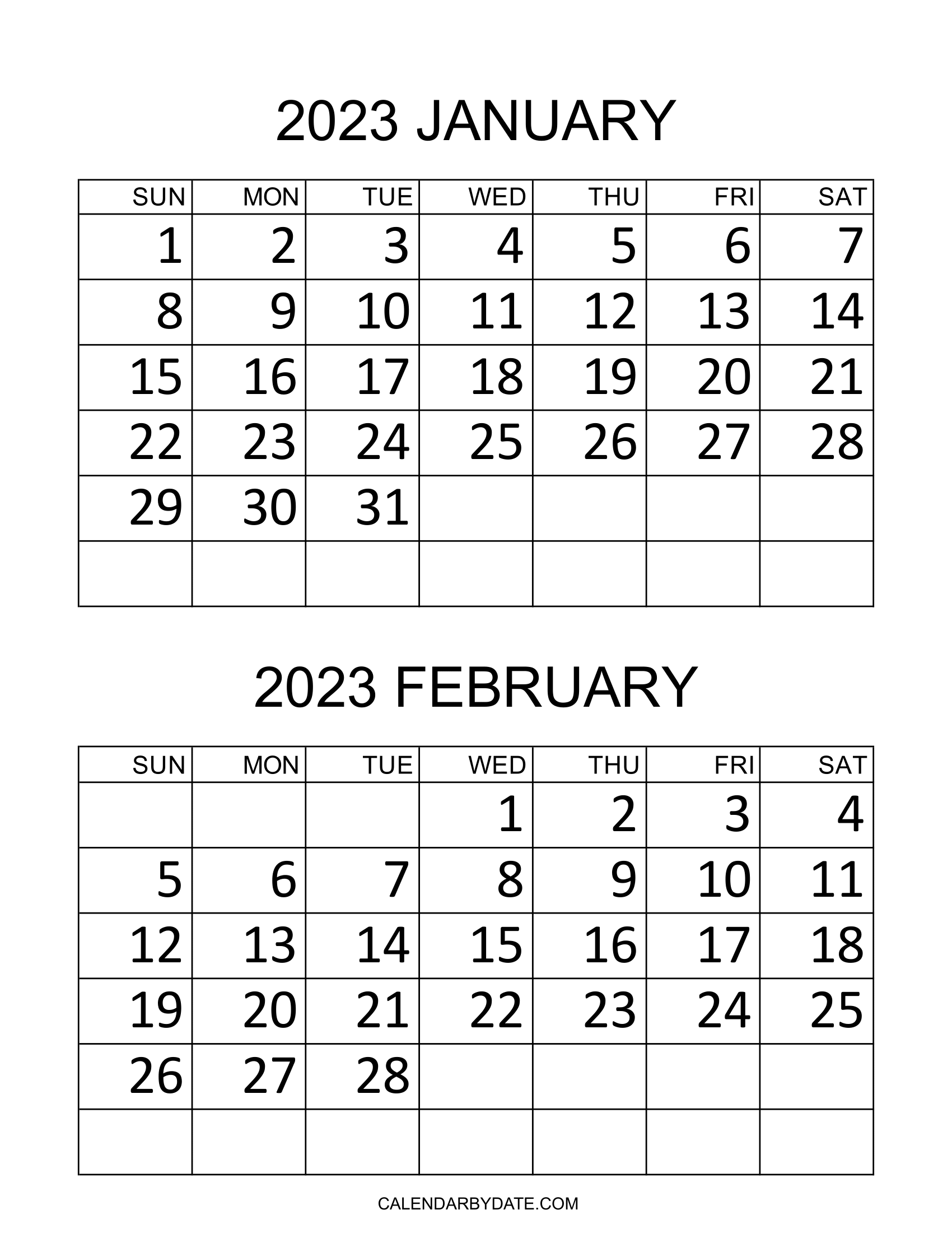 Two month January February 2023 calendar template with weekdays starting from Sunday is designed with bold monthly dates in the grid.