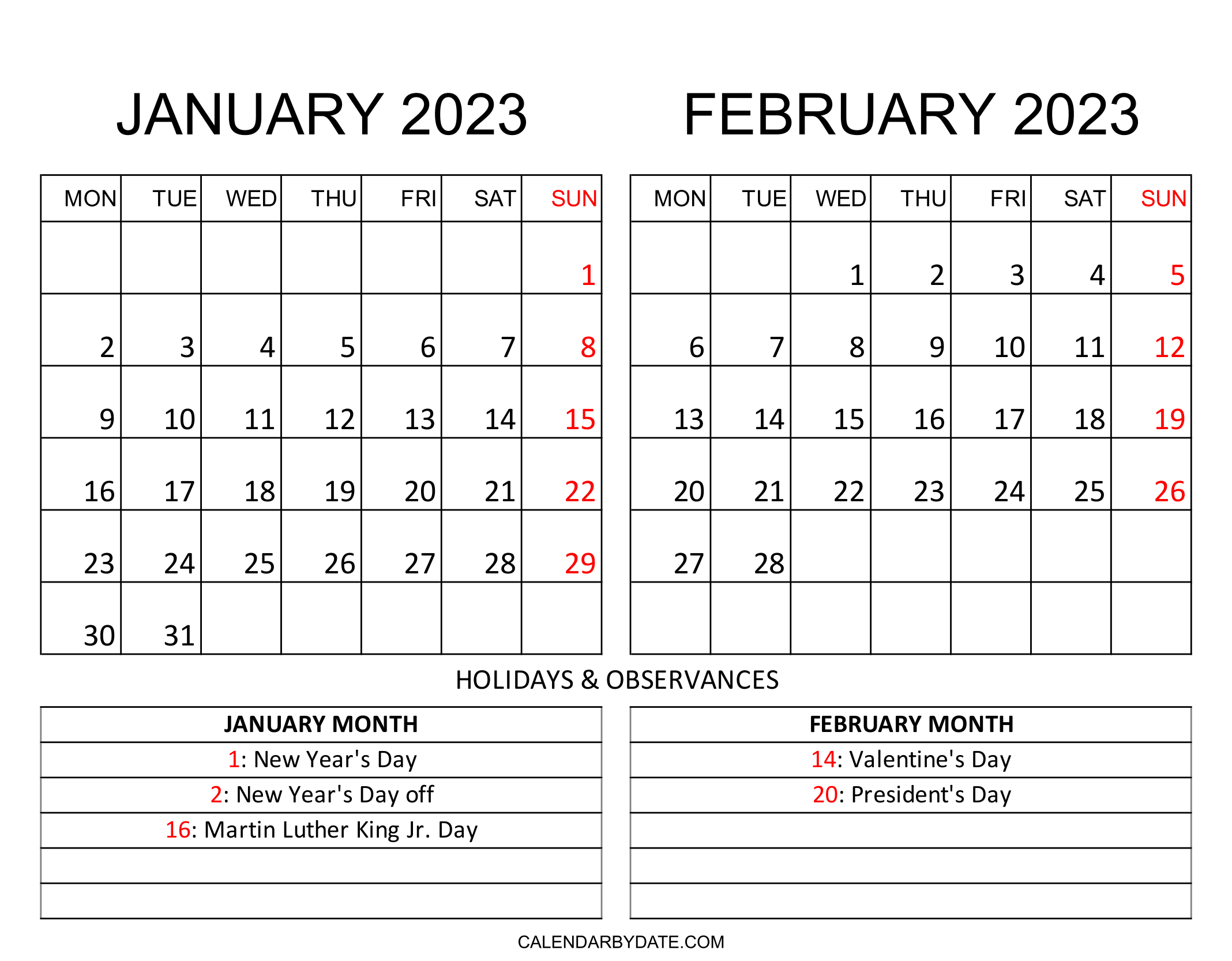 On one page, there is a two-month January and February 2023 calendar template with a list of US federal holidays and observances.