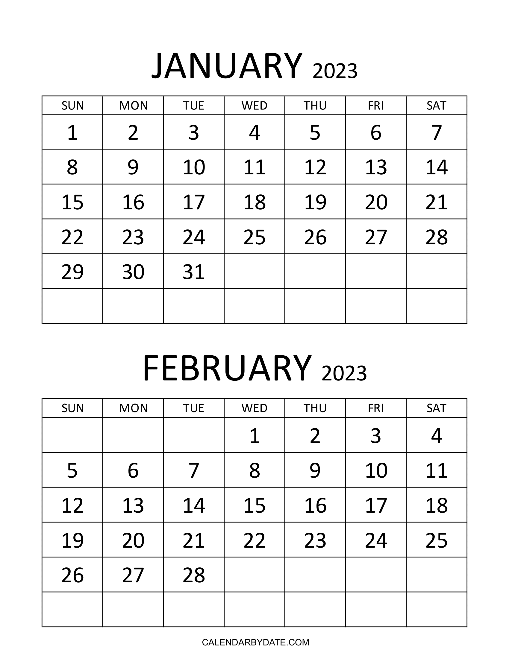 January February 2023 Calendar Printable Template with Bold Monthly Dates in the Grid.