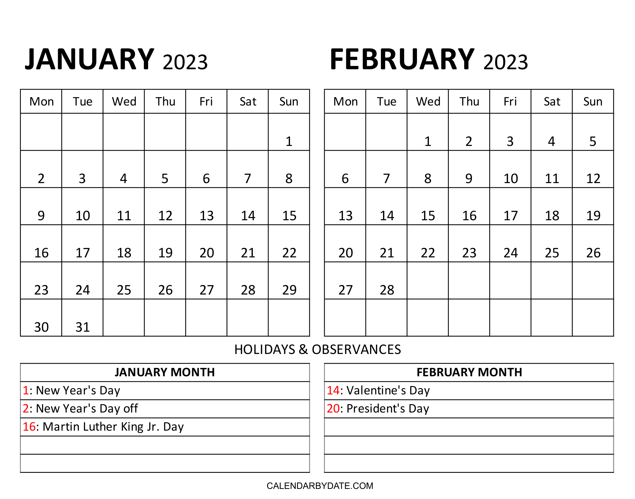 On one page, January-February 2023 calendar provides a list of US Federal holidays, Bank holidays and observances in the United States.