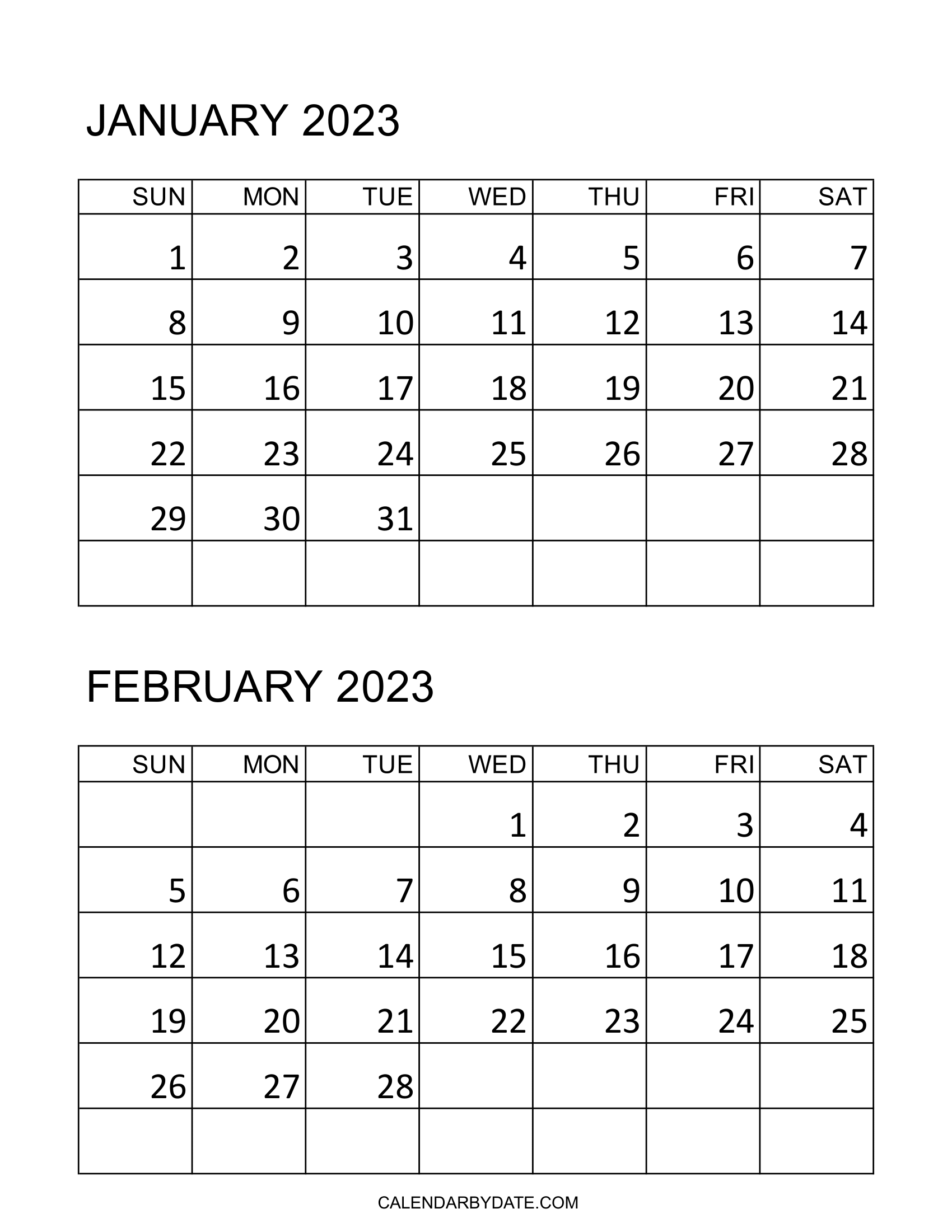 Black and white January February 2023 calendar template is designed in the vertical layout with weekdays starting from Sunday.