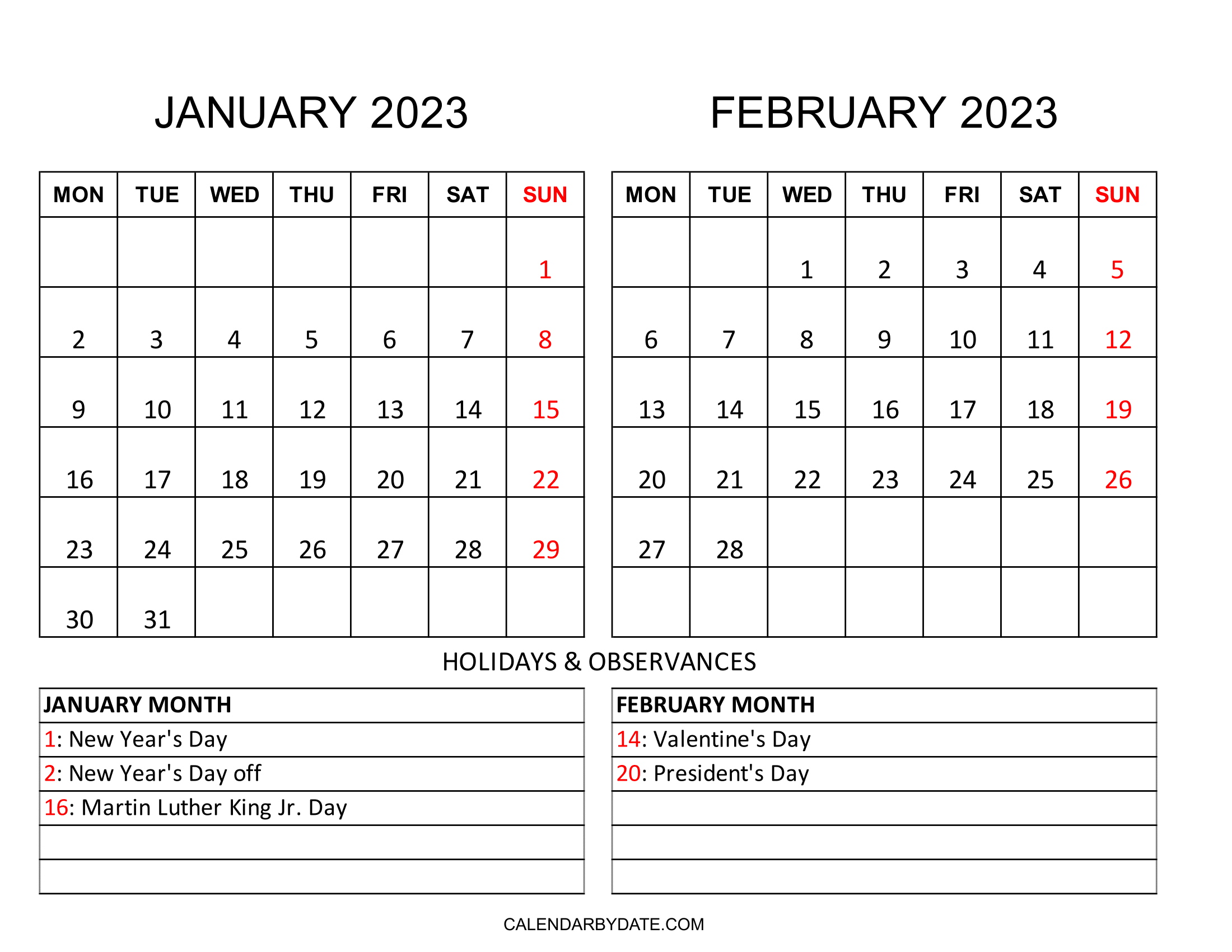 Monthly calendar for January and February 2023 including a list of bank, school, federal holidays and observances. The dates of the holidays are marked in red color.