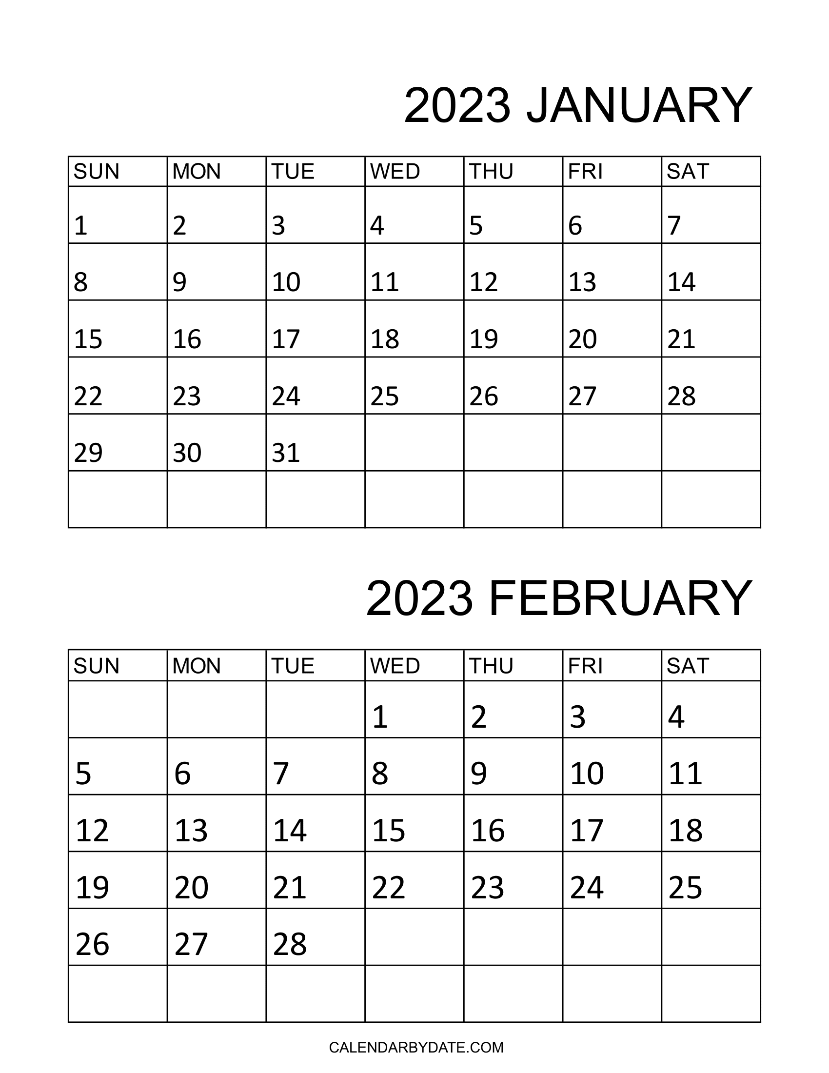 Two month January February 2023 calendar template with weekdays starting from Sunday is designed in portrait layout.