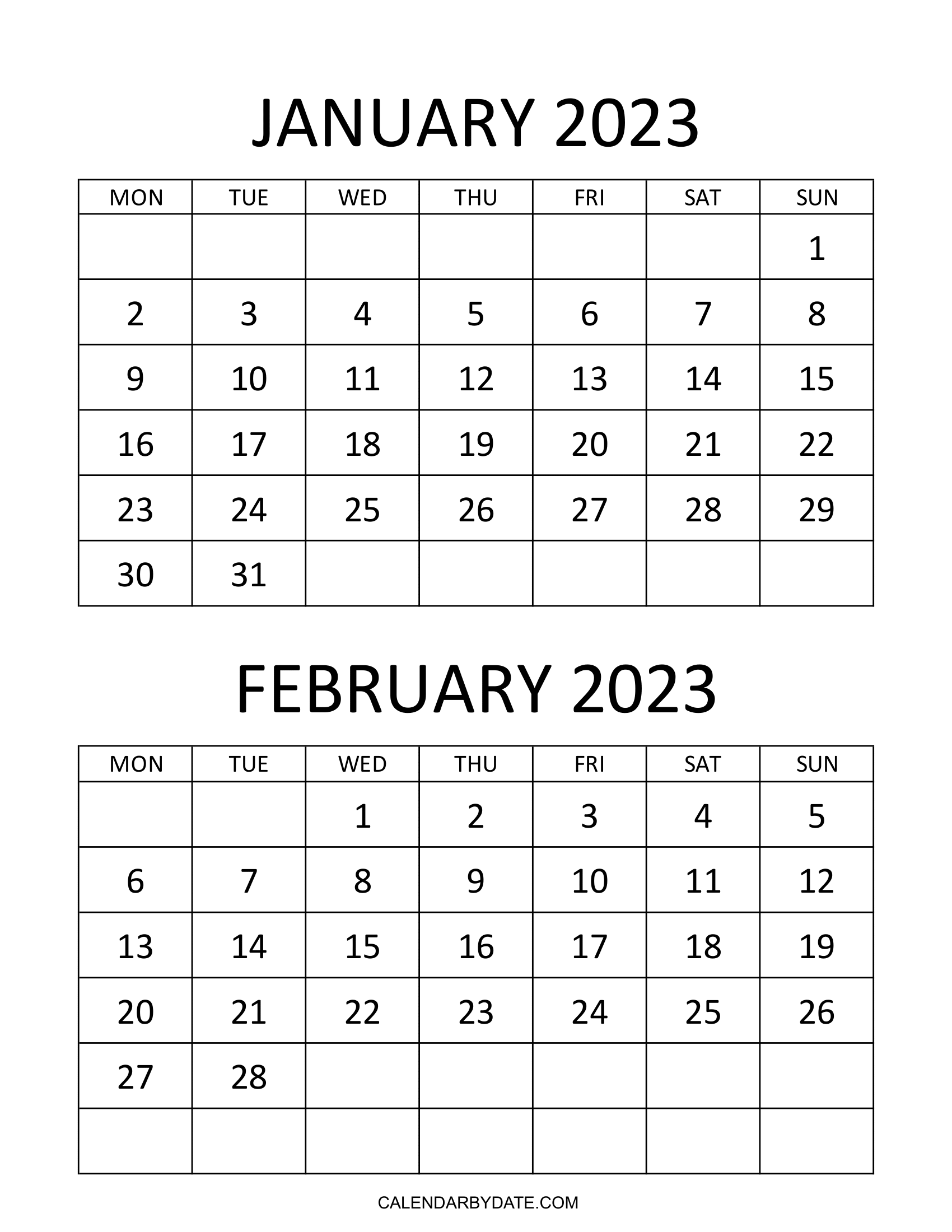 Customize and Print January February 2023 Calendar Template on One Page with Weekdays starting from Monday.