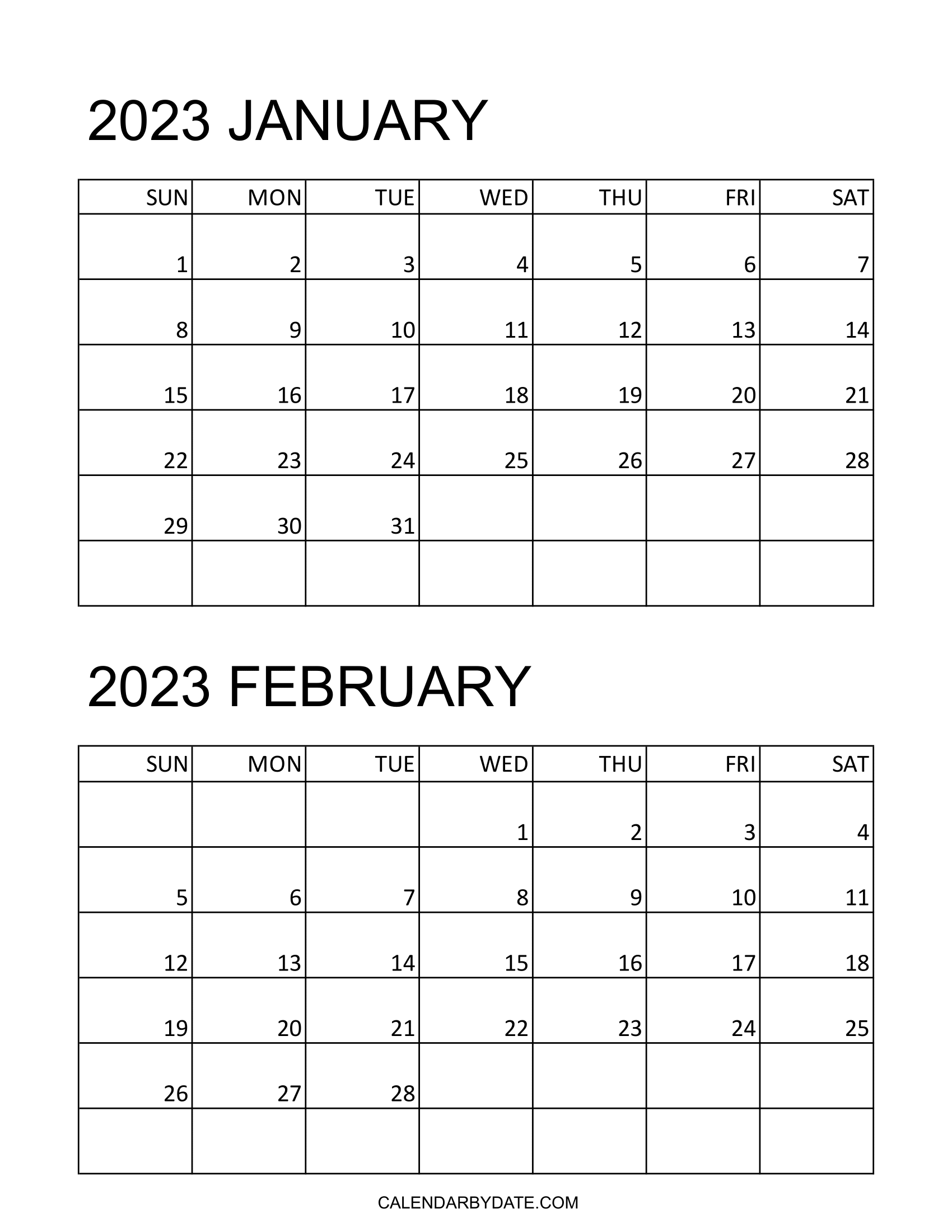 Two month January February 2023 calendar template with weekdays starting from Sunday is designed with small dates in the portrait grid.