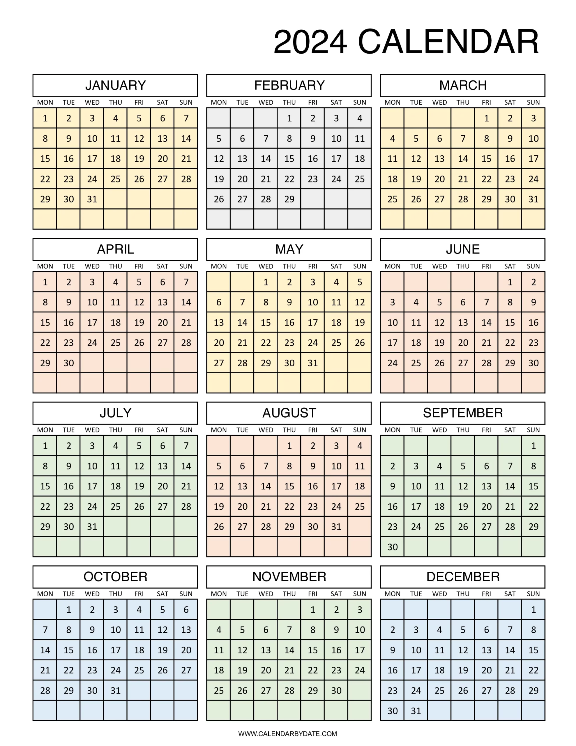 Monday start colorful 12 month grid is designed in vertical layout with colors filled in the box.
