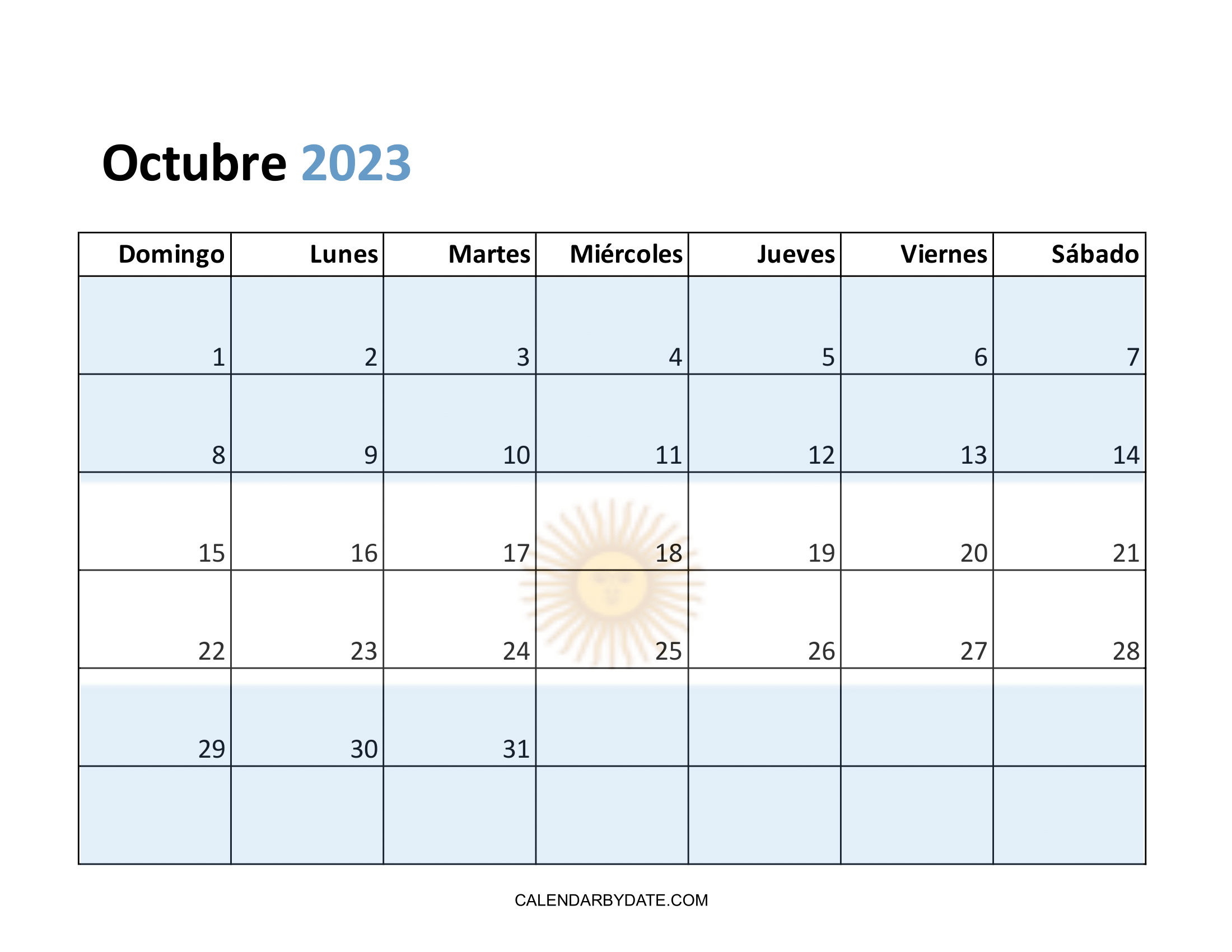 La imagen imprimible del calendario de octubre de 2023 se está diseñando en un diseño horizontal con la bandera Argentina. Las vacaciones y los festivales también se mencionan en la cuadrícula del calendario.