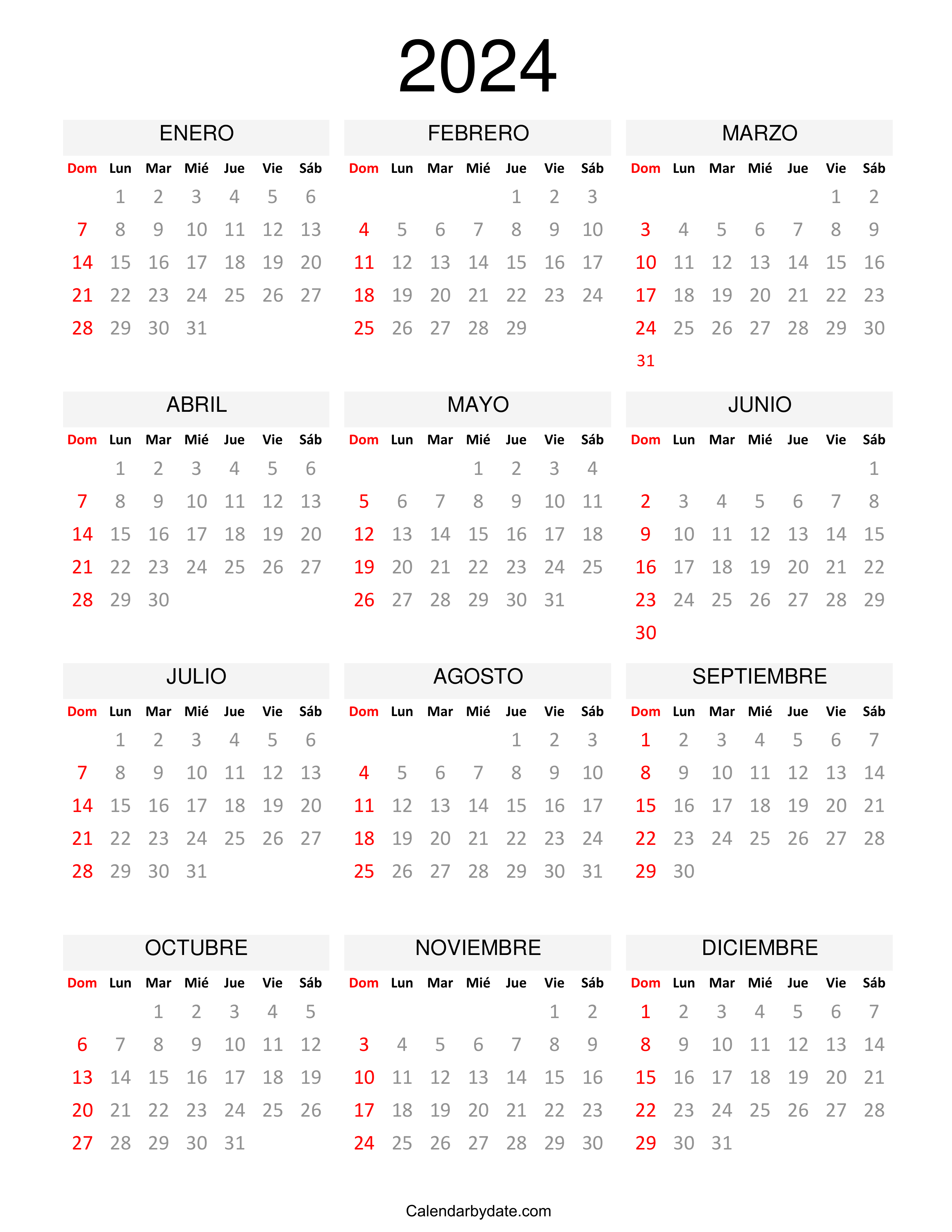 Calendario 2024 gratis en español.