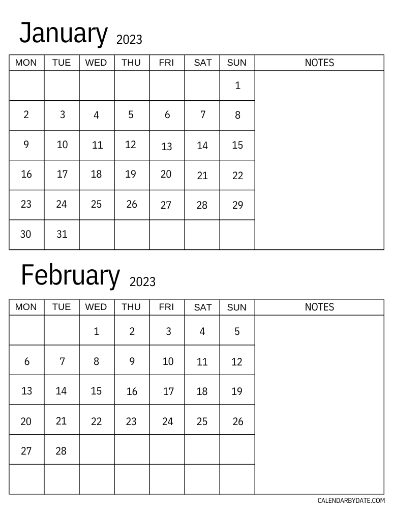 Two month January and February 2023 calendar wit blank notes area Provided with calendar grid to write down schedules, tasks, appointments and events.