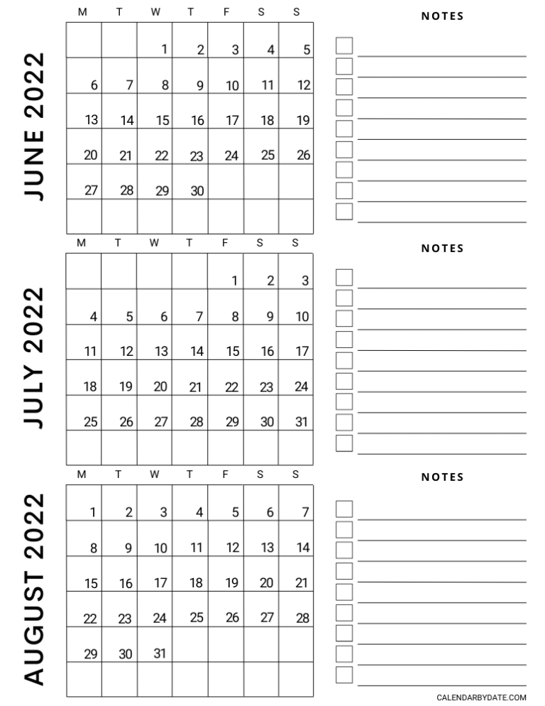 June July August 2022 Calendar Printable Template in PDF and PNG