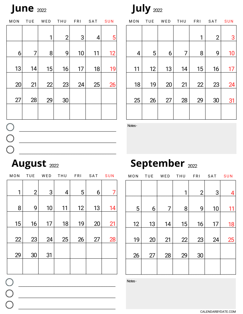 June to September 2022 calendar template with to-do list checkboxes and blank notes section to write scheduling, meetings, appointments, and important events.