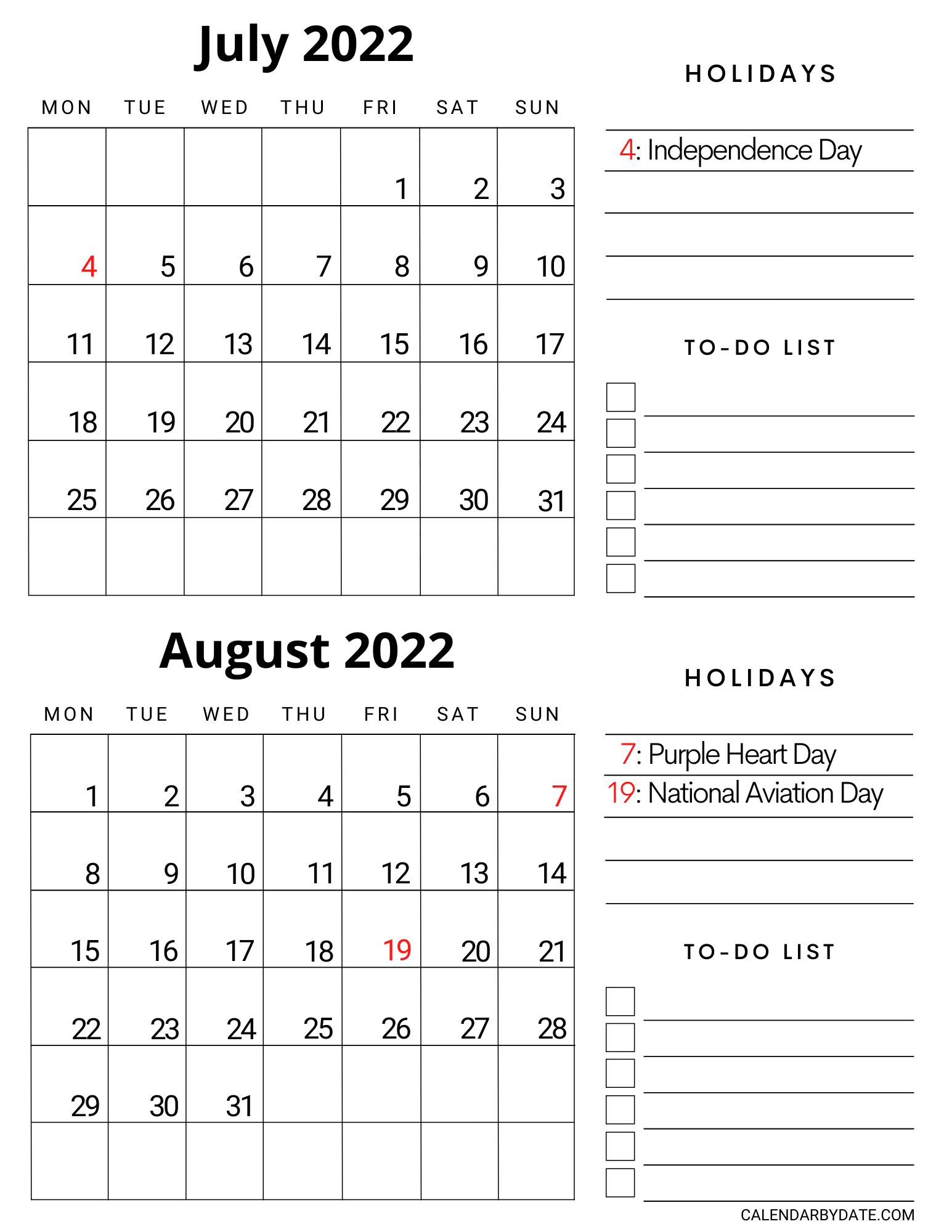 Two-month vertical calendar templates for July and August 2022 are designed with a list of US holidays and observances as well as a special blank notes space.