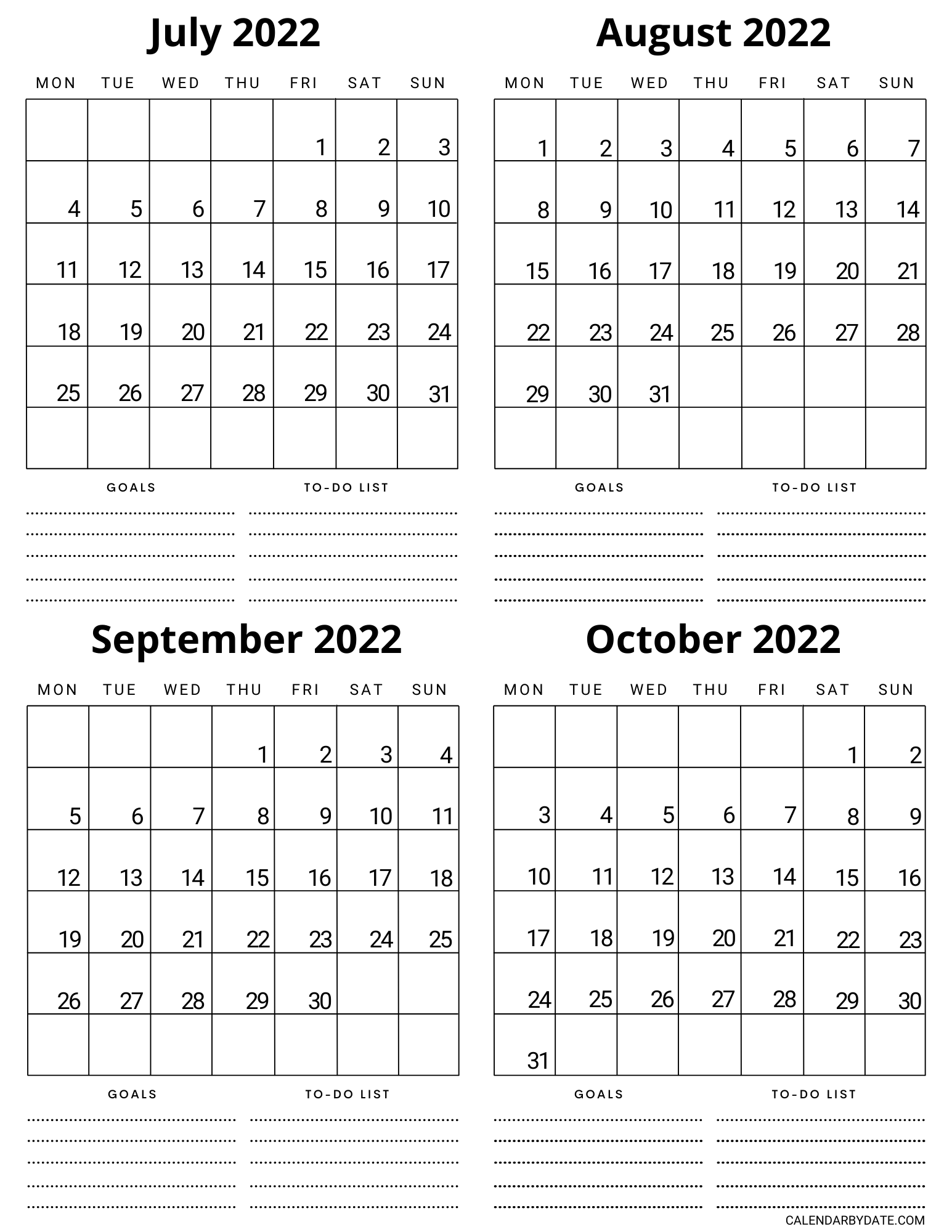 Four month July August September October 2022 Calendar template has 4 month grids arranged in the sequence. At the bottom of each month, blank notes section is provided to write down monthly goals and to-do list.