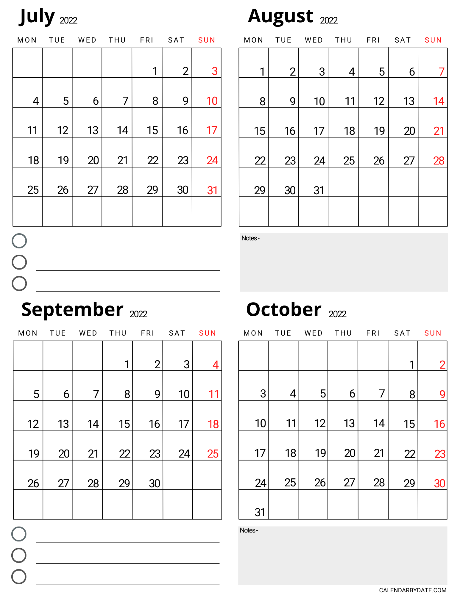 July to October 2022 Four month calendar template with blank notes section and checklist rows to write monthly schedules, events and important dates.