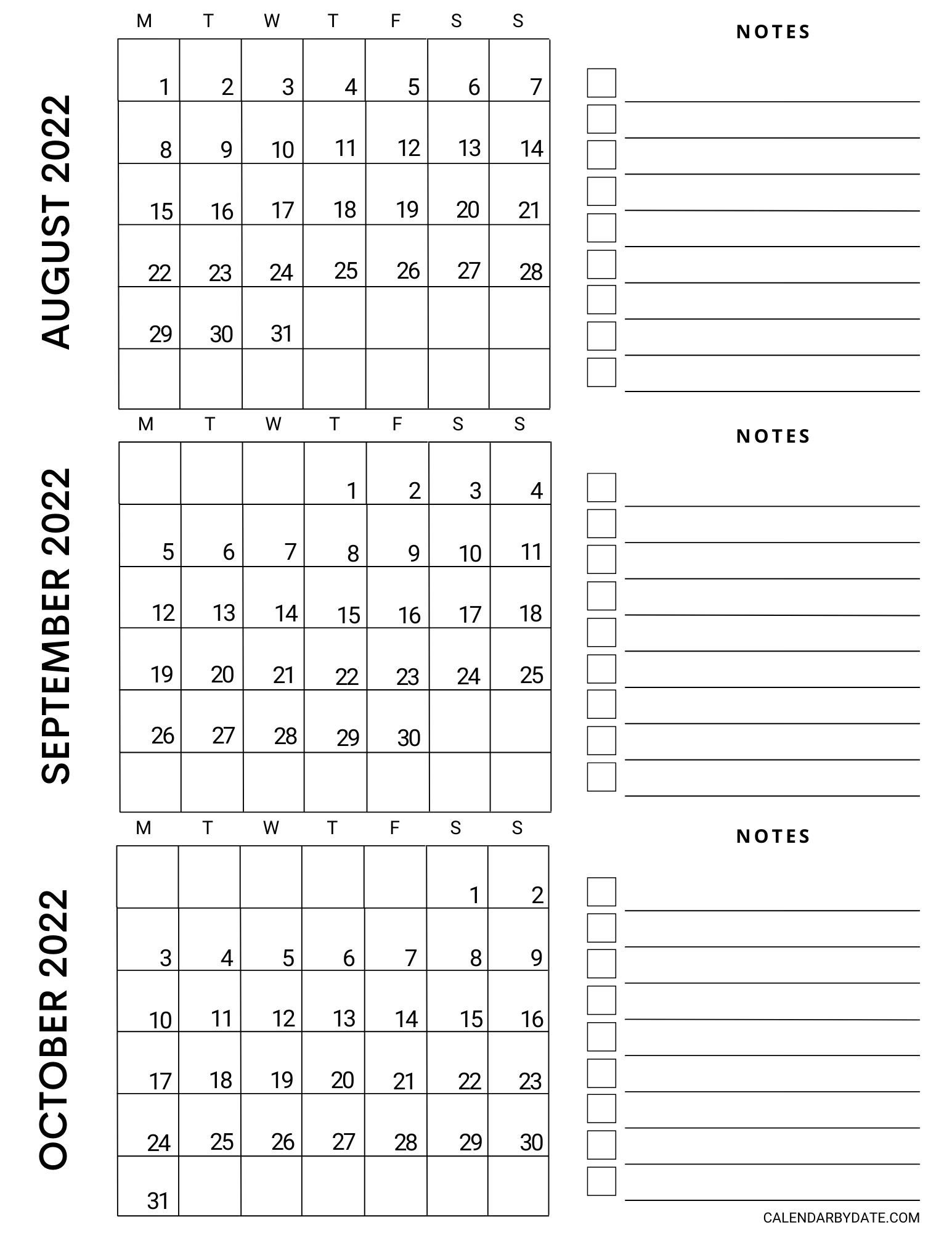 Calendar template with a portrait layout for the months of August to October. The blank notes section with check boxes are for writing important days, dates, and events.